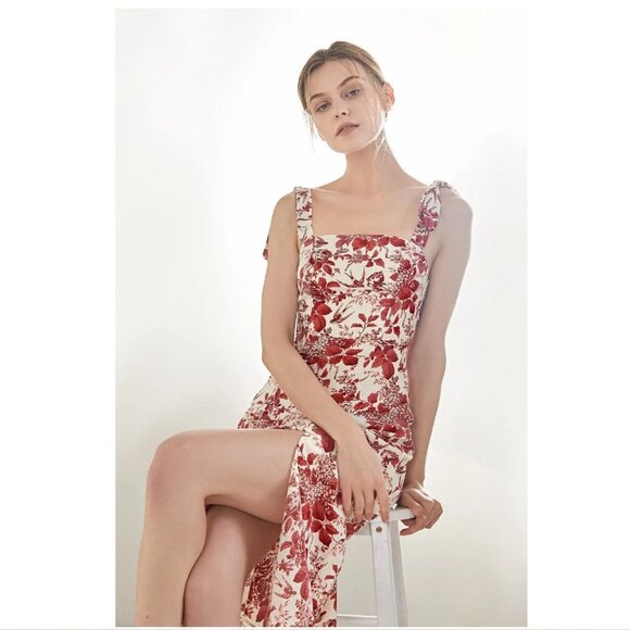 J.ing Dark Red Floral Print Tie Strap Slit Hem Midi Dress - Picture 1 of 11